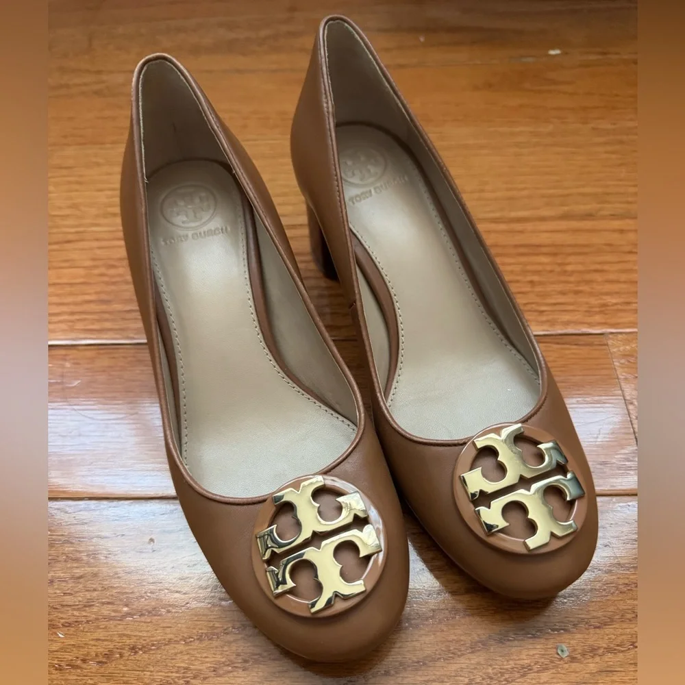 Tory Burch Tan Leather Block Heel Pumps with Gold Logo
